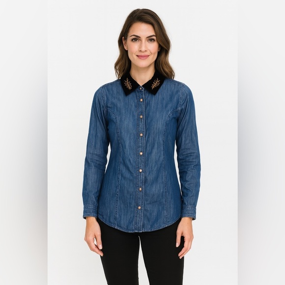 Soft surrounding Chambray velvet collar beaded embellished denim button down - Picture 1 of 9